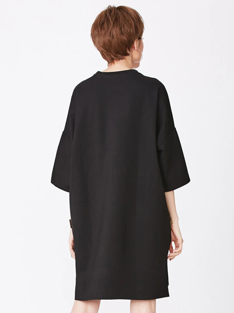 Women Black Zipper Irregular Big Size Long T-shirt New Round Neck Half Sleeve Fashion Tide Spring Summer 2025 1DJ1877