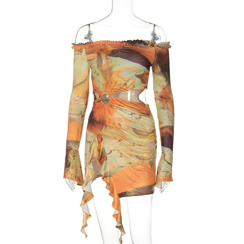 Hollow Out Print Sexy Mini Dress For Women Autumn New Off-shoulder Long Sleeve Bodycon Ruffled Slit Sexy Dress New