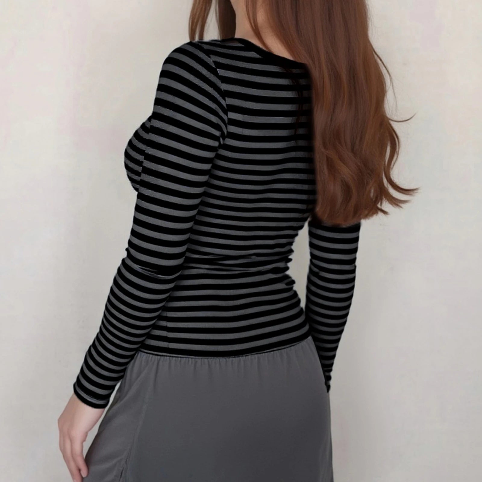 Gothic Striped Tops y2k Women Aesthetic Clothing Fake Two-Piece Long Sleeve T Shirt Spring Fall Clothes Streetwear