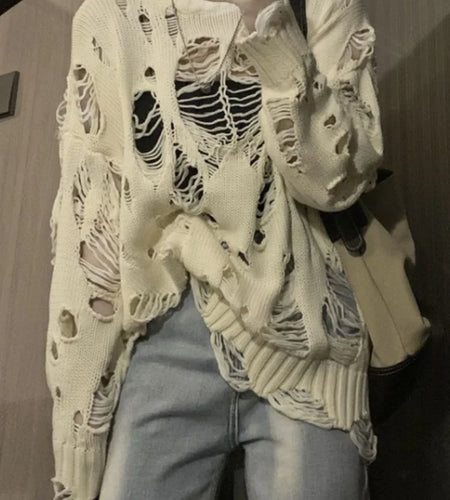 Spring Y2k Aesthetic Holes Hollow Out Womens Sweater Grunge Loose Cardigan Mujer Fashion Harajuku Streetwear Casual Pull Femme