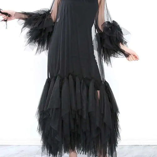 Load image into Gallery viewer, Women Black Ruffles Long Big Size Dress New Round Neck Three-quarter Sleeve Loose Fit Fashion Spring Summer 2025 JR77101
