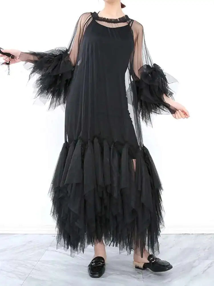 Women Black Ruffles Long Big Size Dress New Round Neck Three-quarter Sleeve Loose Fit Fashion Spring Summer 2025 JR77101