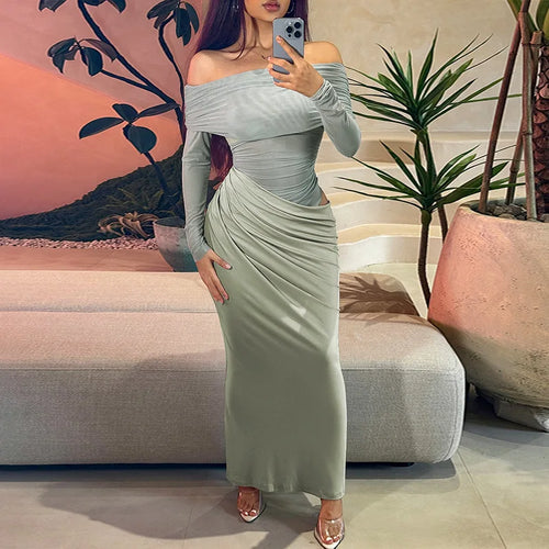 Load image into Gallery viewer, Off-shoulder Mesh See Through Sexy Maxi Dress For Women Elegant Strapless Long Sleeve Backless Bodycon Club Party Dress
