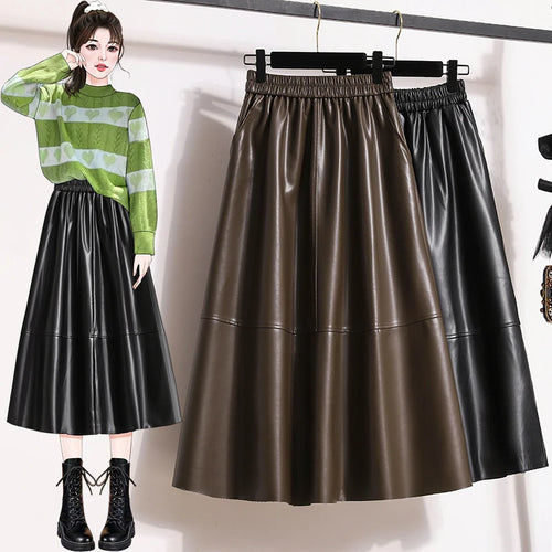 Load image into Gallery viewer, Fashion Black Elegant Pu Leather Pleated Long Skirt Women&#39;s Brown Elegant High Waist Plus Size A-line Party Skirt Femme New
