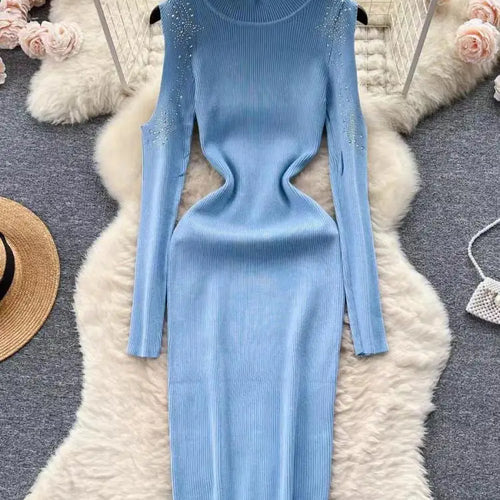 Load image into Gallery viewer, Autumn Elegant Half High Neck Long Sleeves Hollow Out Diamonds Hip Wrap Dress 2023 Fashion Slim Knitted Midi Dress French Simple
