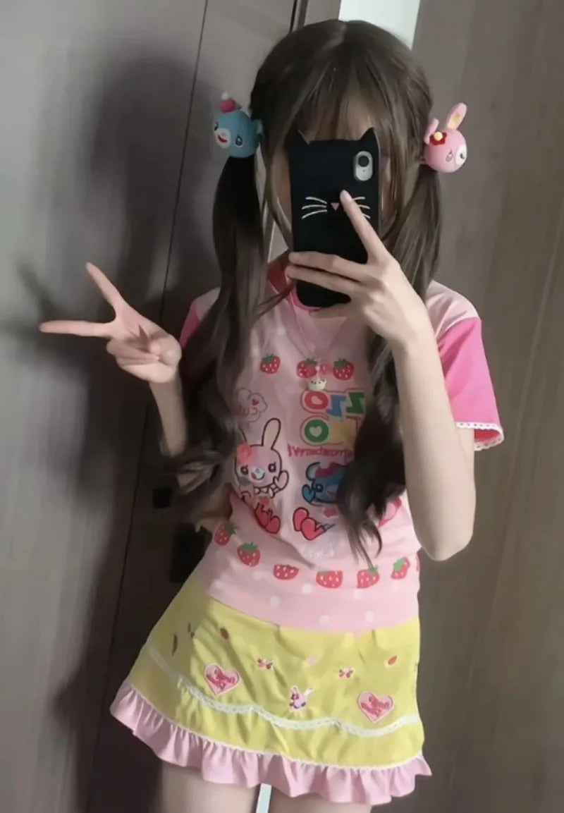 Japanese Kawaii Cartoon Print Tshirt Women Harajuku Color Patchwork Lace Sleeve Fairy T-shirt Y2k Aesthetic Grunge Cropped Tees