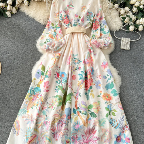 Load image into Gallery viewer, French Vintage Women Autumn Sweet Beige Flower Lace Elegant Long Sleeve Princess Dresses Ladies Party V-neck Evening Dress Boho
