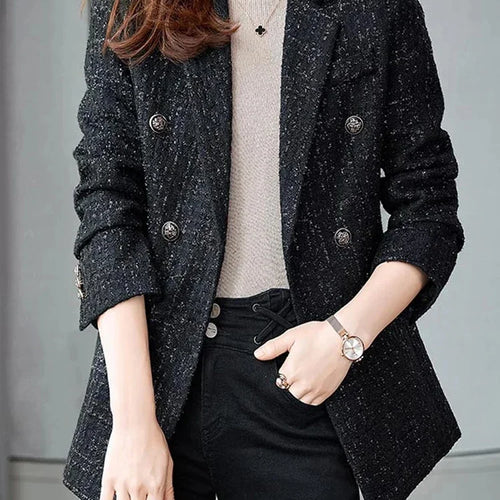 Load image into Gallery viewer, Women&#39;s Casual Long Slee Double-Breasted Tweed Blazers French Elegance Thick Long Overcoat with Button for Winter Women Blazers
