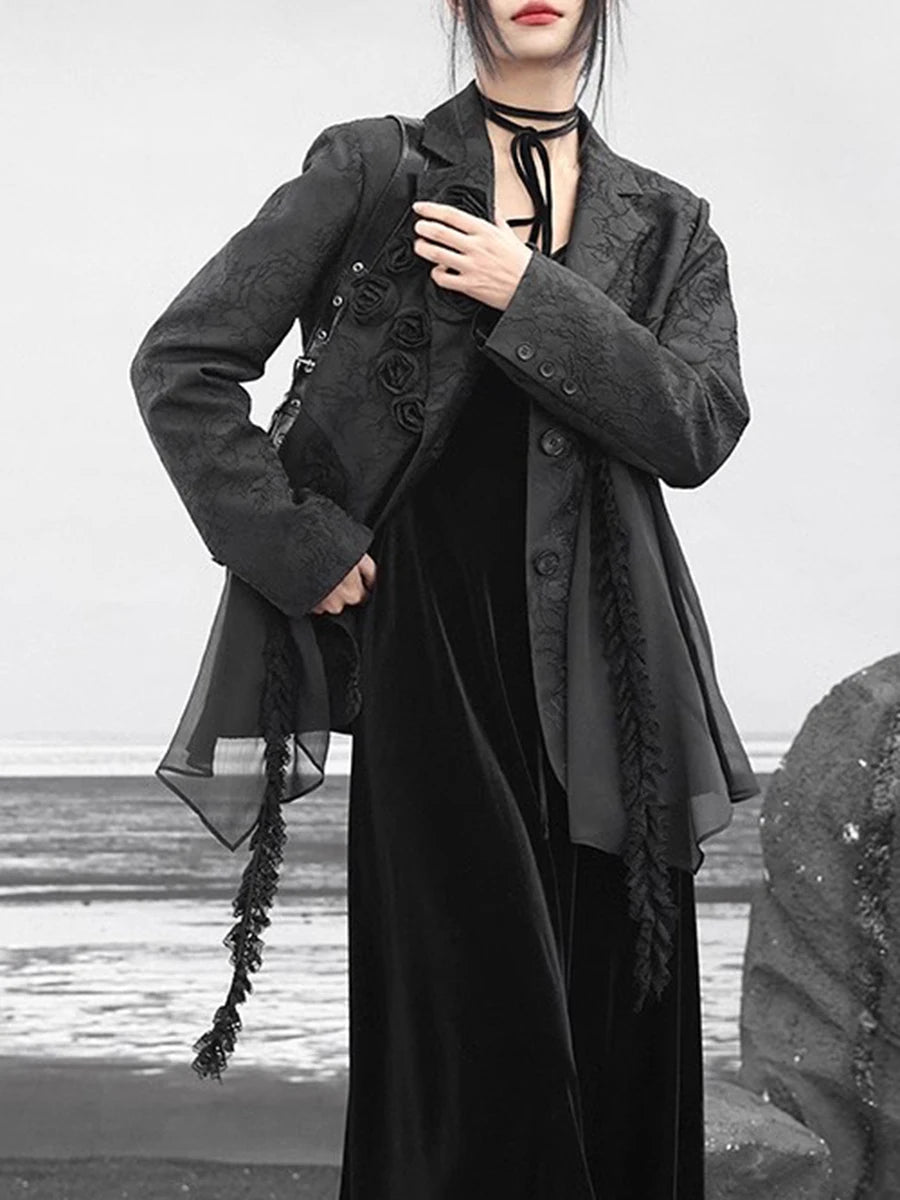 Solid Spliced Appliques Blazers For Women Lapel Long Sleeve Temperament Patchwork Button Coats Female Fashion Style