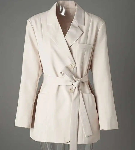 Women Beige Belted Pocket Big Size Elegant Blazer New Lapel Long Sleeve Jacket Fashion Tide Spring Autumn 2025 CPG2777