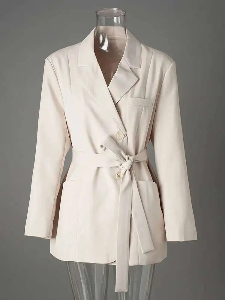 Women Beige Belted Pocket Big Size Elegant Blazer New Lapel Long Sleeve Jacket Fashion Tide Spring Autumn 2025 CPG2777