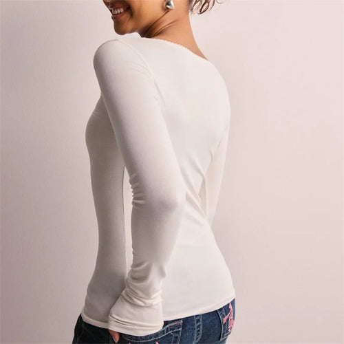 Load image into Gallery viewer, y2k Lace Trim Tops Women Fairycore Clothing Solid Color V Neck Long Sleeve T Shirts 2000s Fall Clothes Streetwear
