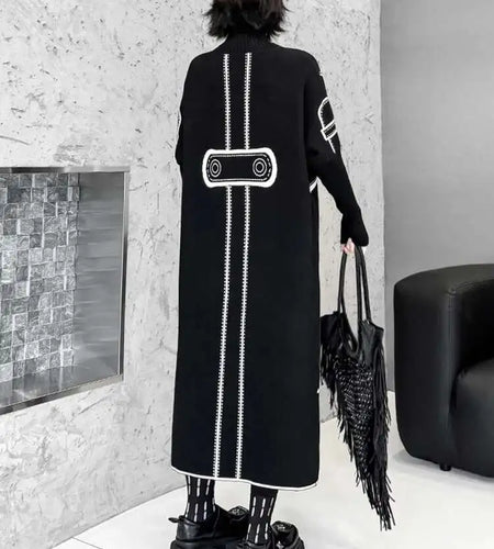 Women Black Pattern Both Side Wear Big Size Sweater Dress New Turtleneck Long Sleeve Fashion Spring Autumn 2025 1DH8332