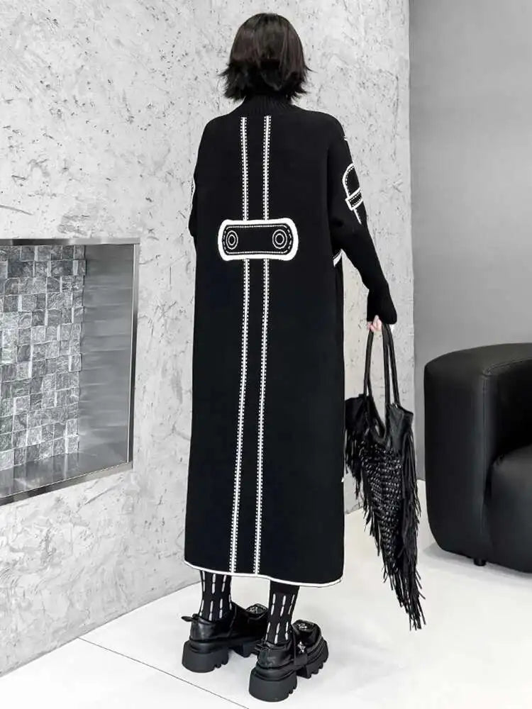 Women Black Pattern Both Side Wear Big Size Sweater Dress New Turtleneck Long Sleeve Fashion Spring Autumn 2025 1DH8332