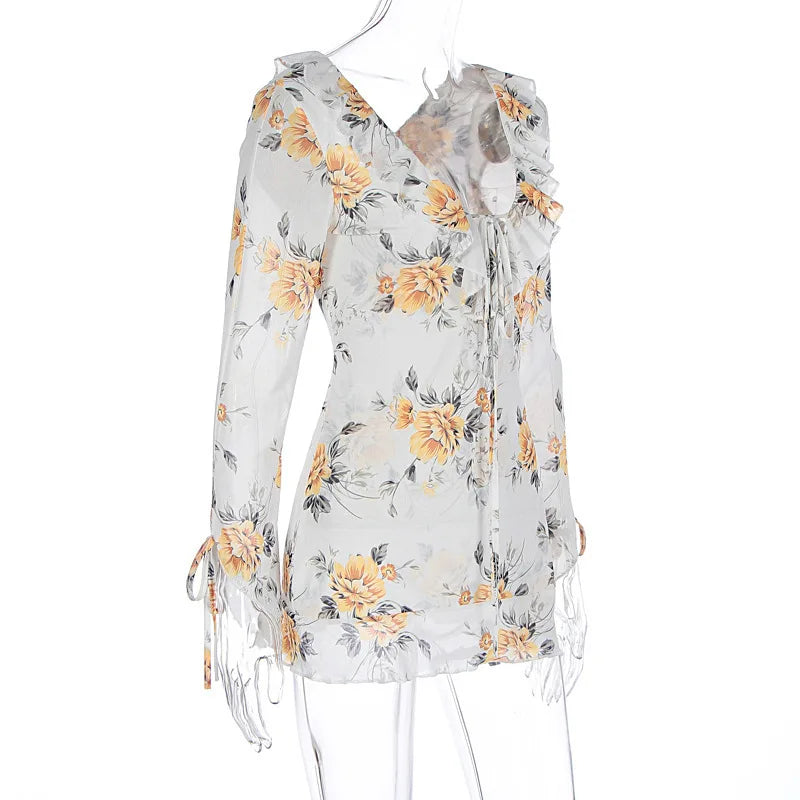 Sexy Long Sleeve Flower Deep V-neck Print Backless Mini Dress For Women Slim Lace-Up Club Party Dress Ladies Outfits
