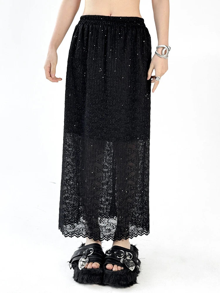 Black Lace T-shirt Back Slit Skirt Two Pieces Suit New Round Neck Short Sleeve Women Fashion Spring Summer 2025 1DJ1159