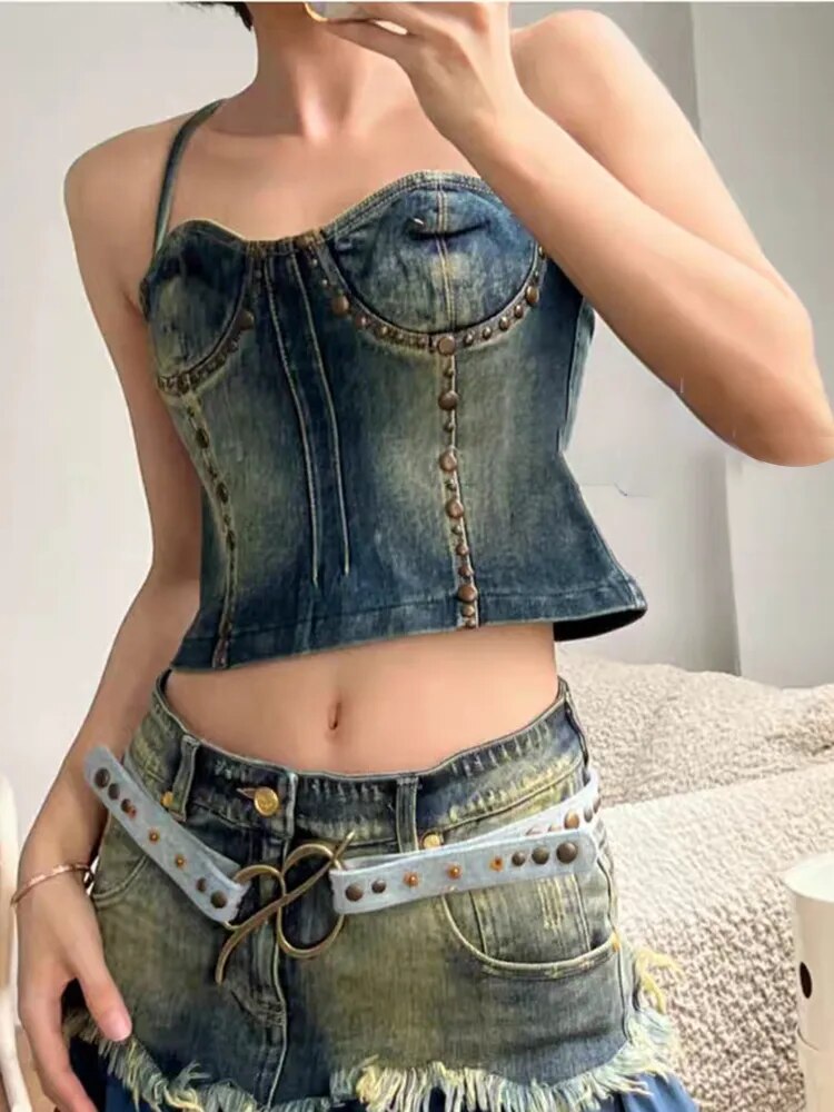 Casual Denim Vests For Women Square Collar Sleeveless Slimming Summmer Sexy Tank Tops Female Fashion Style Clothing