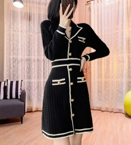 Autumn Winter Black White Patchwork High Wais A-line Knit Dress French Women's New Long Sleeved Slim Single Breasted Short Dress