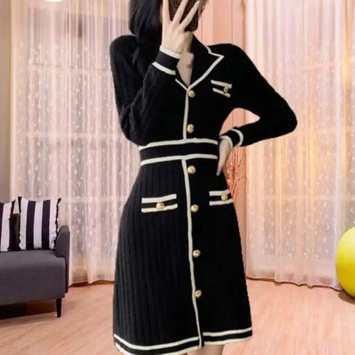 Load image into Gallery viewer, Autumn Winter Black White Patchwork High Wais A-line Knit Dress French Women's New Long Sleeved Slim Single Breasted Short Dress
