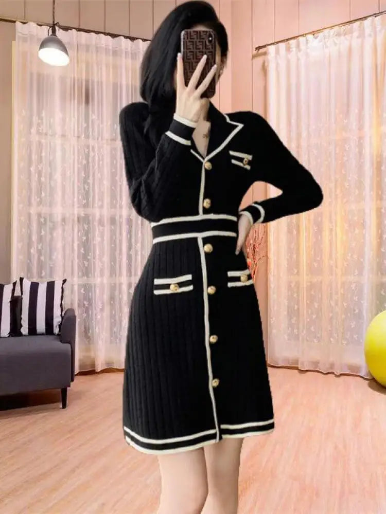Autumn Winter Black White Patchwork High Wais A-line Knit Dress French Women's New Long Sleeved Slim Single Breasted Short Dress