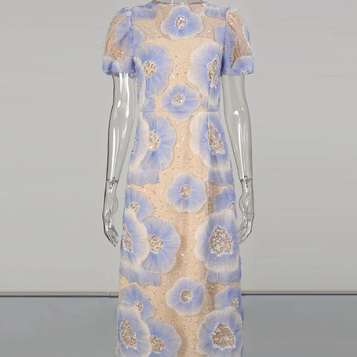 Load image into Gallery viewer, Hit Color Printing Spliced Bead Dresses for Women Round Neck Short Sleeves High Waist Temperament Long Dress Female
