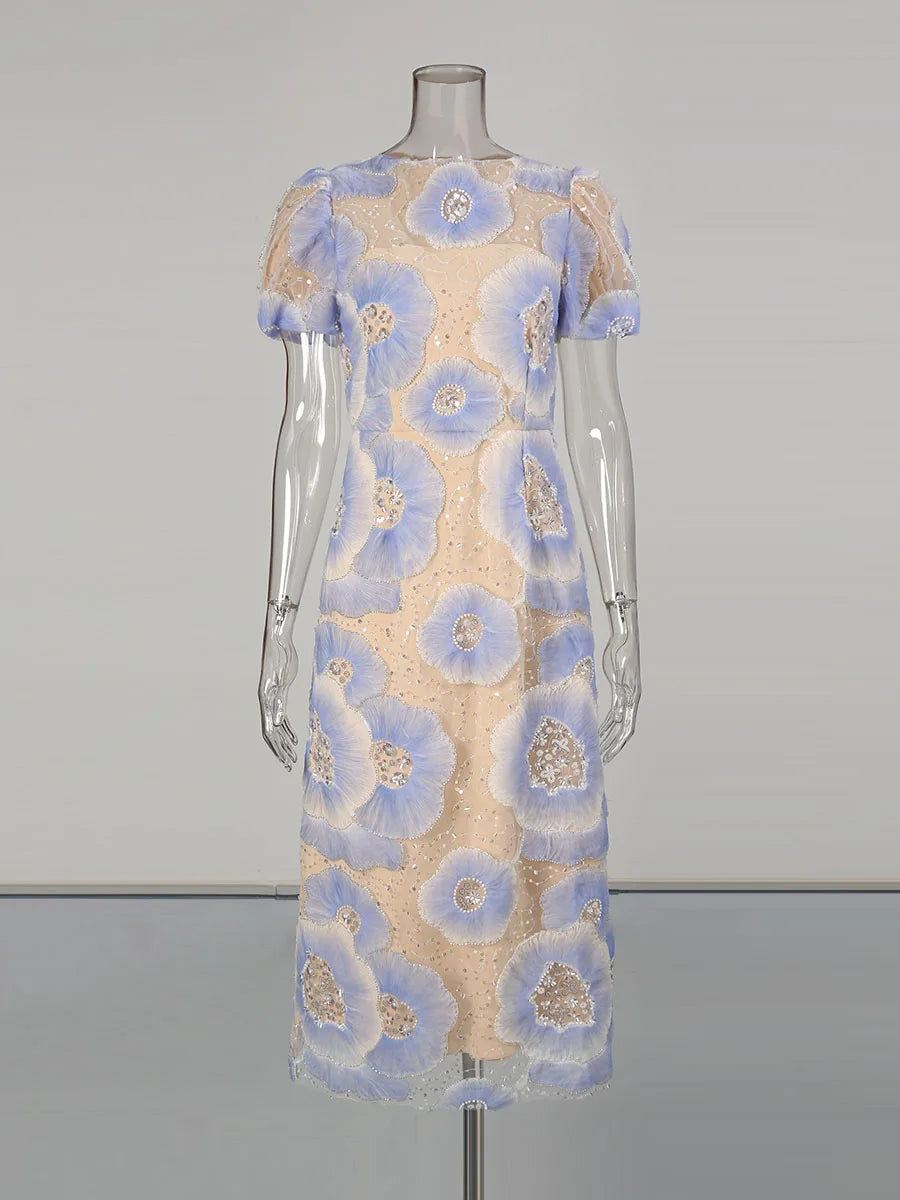 Hit Color Printing Spliced Bead Dresses for Women Round Neck Short Sleeves High Waist Temperament Long Dress Female