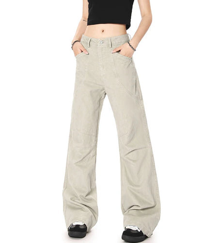 Men's Cargo Pants American Straight Wide Leg Solid Color Trendy Streetwear Simple Male Causal Loose Trousers 9W1928