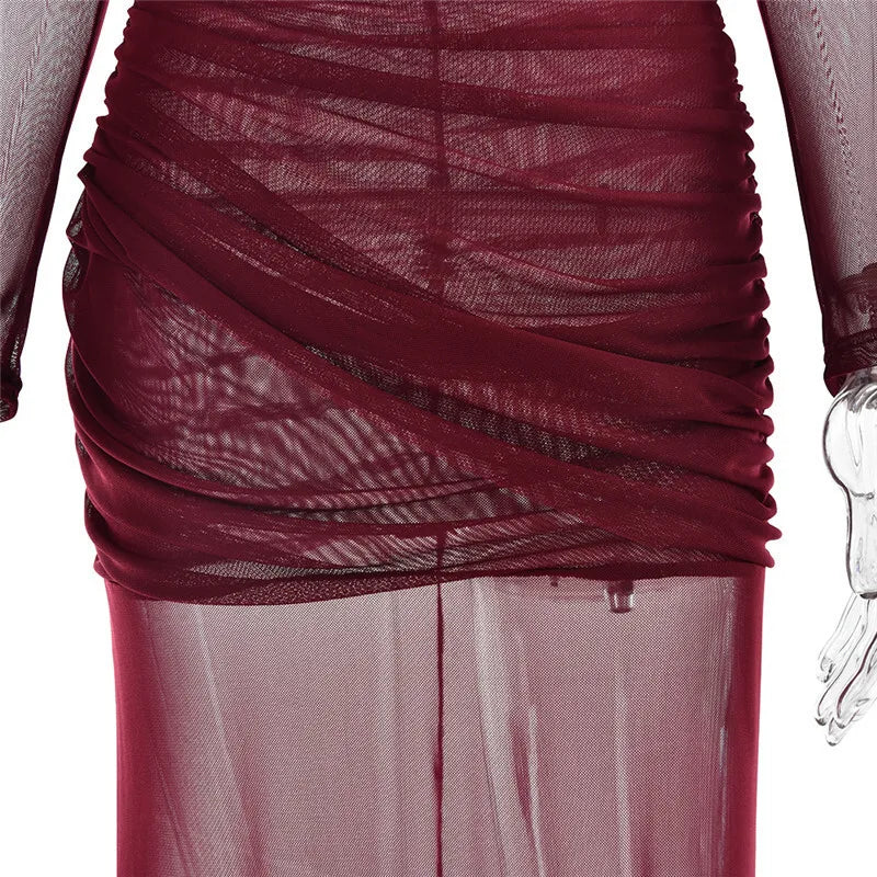 Mesh Ruched Sexy Maxi Dress For Women Fashion Zipper Patchwork See Through Long Sleeve Elegant Club Party Long Dress