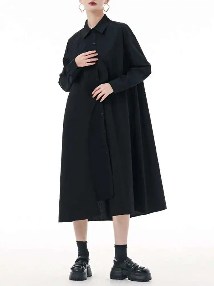 Women Purple Irregular Spliced Big Size Shirt Dress New Lapel Long Sleeve Loose Fit Fashion Spring Autumn 2025 1DH0654