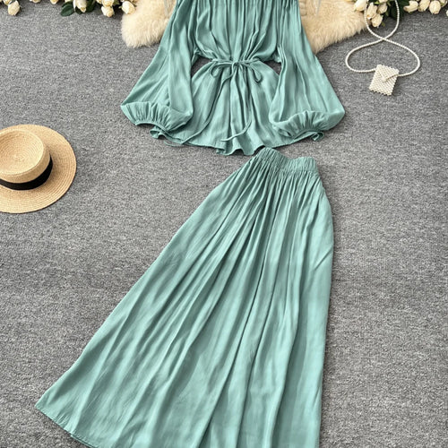 Load image into Gallery viewer, French Retro 2025 Women Solid Off Shoulder Elegant Lace-up Pleated Tops+ High Waist Party Long Skirt Spring Autumn Two Piece Set
