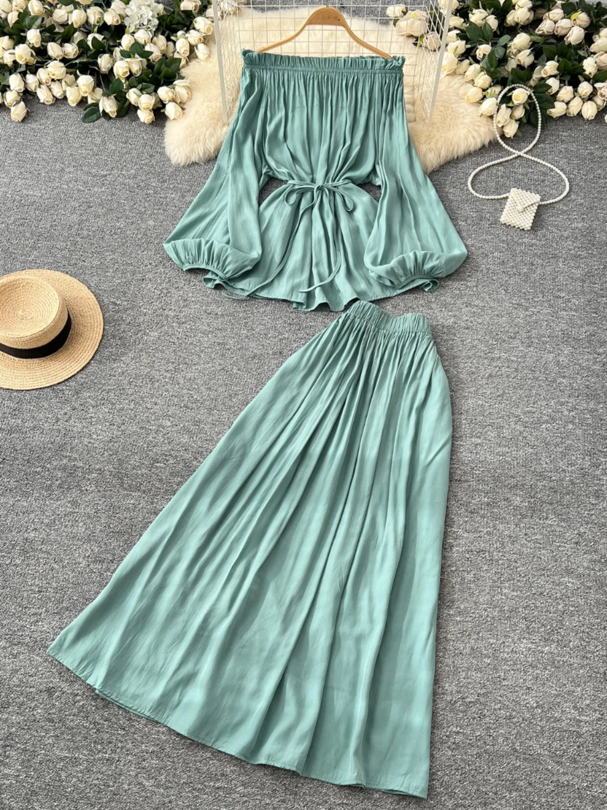 French Retro 2025 Women Solid Off Shoulder Elegant Lace-up Pleated Tops+ High Waist Party Long Skirt Spring Autumn Two Piece Set
