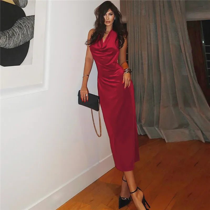 Halter Backless Sexy Maxi Dress For Women Gown Fashion Lace-up Deep V Neck Sleeveless Bodycon Split Long Dress Elegant