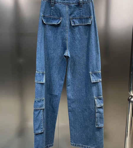 Patchwork Pocket Jeans For Women High Waist Spliced Zipper Casual Loose Wide Leg Pants Female Fashion Clothing