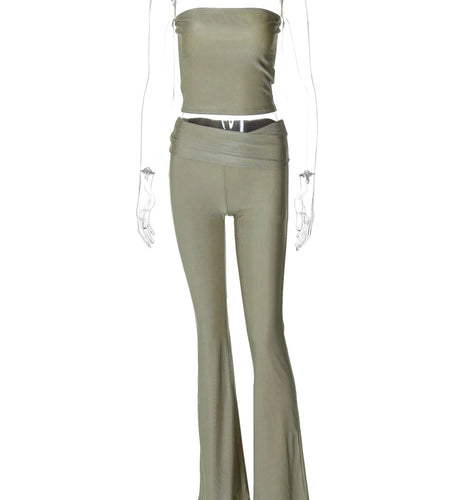 Elegant 2 Piece Sets Solid Strapless Sexy Crop Top Patchwork Flare Pants Women Y2K Clothes Vacation Party Outfits