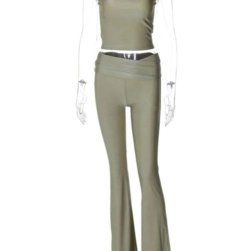 Load image into Gallery viewer, Elegant 2 Piece Sets Solid Strapless Sexy Crop Top Patchwork Flare Pants Women Y2K Clothes Vacation Party Outfits
