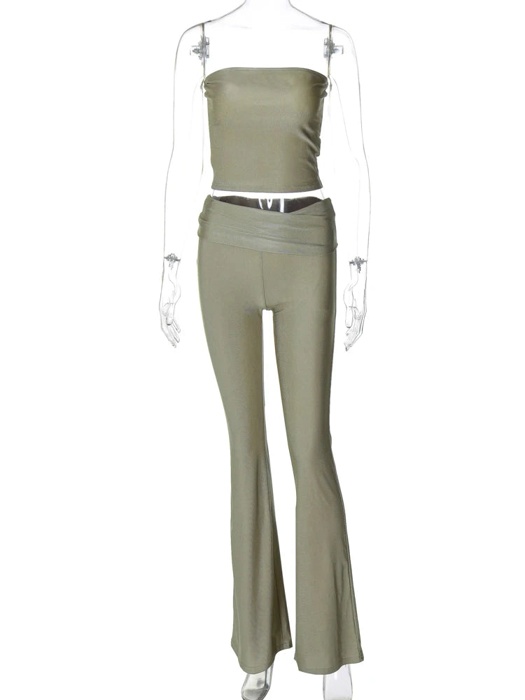 Elegant 2 Piece Sets Solid Strapless Sexy Crop Top Patchwork Flare Pants Women Y2K Clothes Vacation Party Outfits