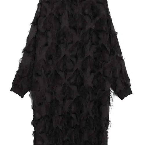 Load image into Gallery viewer, Spring Autumn Stand Collar Long Sleeve Perspective Black Loose Tassels Big Size Dress Women Fashion Tide JI780
