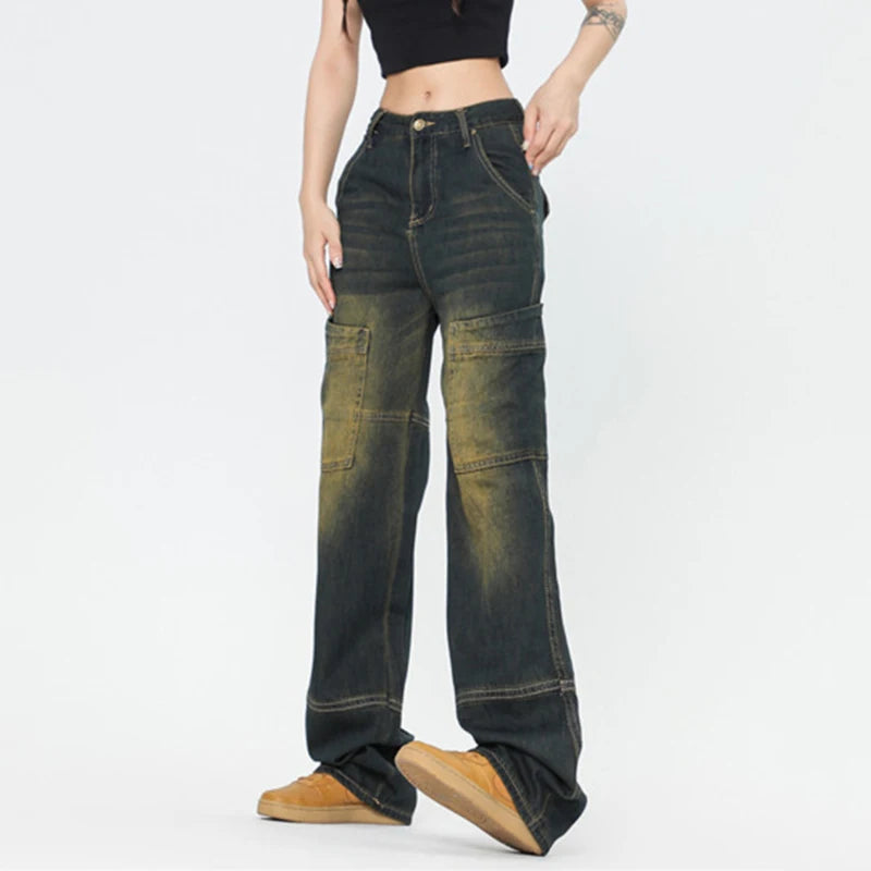 Men's Cargo Jeans Straight Wide Leg Loose Trendy Gradient Color Stylish New Summer American Style Male Trousers 9W1966