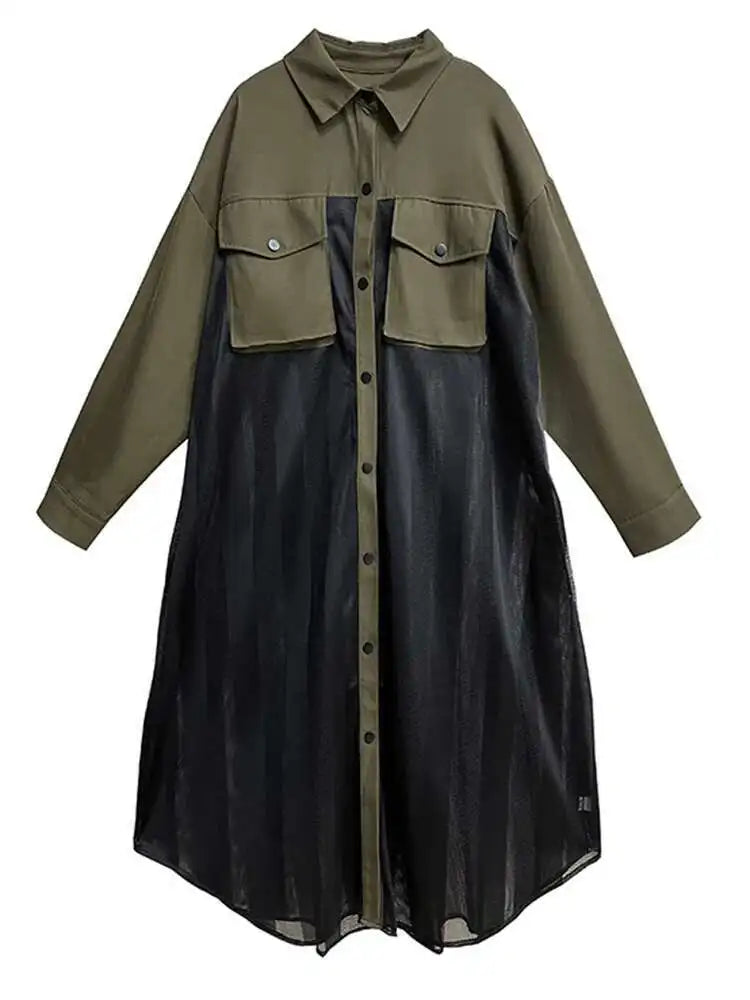 Women Army Green Mesh Color-block Big Size Long Shirt Dress New Lapel Long Sleeve Fashion Tide Spring Autumn 2025 1DH6066