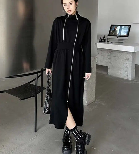 Women Black Zipper Irregular Hem Slit Midi Dress New Turtleneck Long Sleeve Fashion Tide Spring Autumn 2025 1DH9354