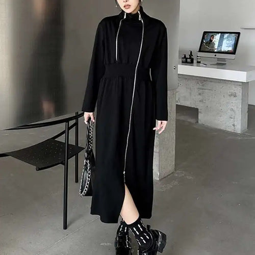 Load image into Gallery viewer, Women Black Zipper Irregular Hem Slit Midi Dress New Turtleneck Long Sleeve Fashion Tide Spring Autumn 2025 1DH9354
