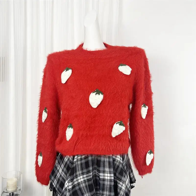 Autumn Winter Sweet Red Mink Strawberry Print Knitted Sweater Women Vintage Round Neck Vacation Long Sleeves Soft Pullover Tops