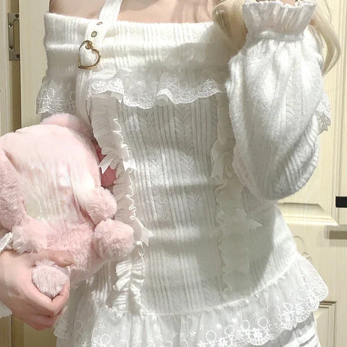 Load image into Gallery viewer, Lolita Slash Neck Halter Sweater Women 2025 Kawaii Lace Patchwork Y2k Aesthetic Grunge Bottoming Crop Tops Pullover Knitwear
