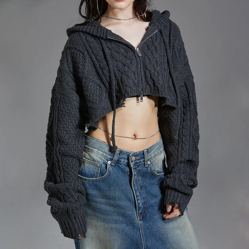 Load image into Gallery viewer, Streetwear Twisted Autumn Cardigan Women Cropped Knitted Sweater Jacket Grunge Ripped Hooded Knitwears Coat Outerwear
