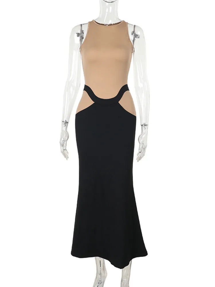 Patchwork Sleeveless Sexy Maxi Dress For Women Fashion Color Contrast Bodycon Elegant Evening Club Sexy Long Dress
