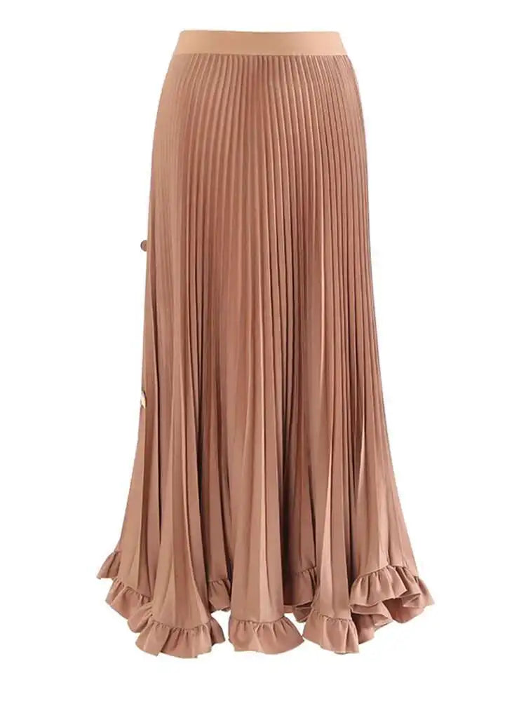 High Elastic Waist Khaki Pleated Elegant Sequins A-line Half-body Skirt Women Fashion Tide New Spring Autumn 2025 1DH8169