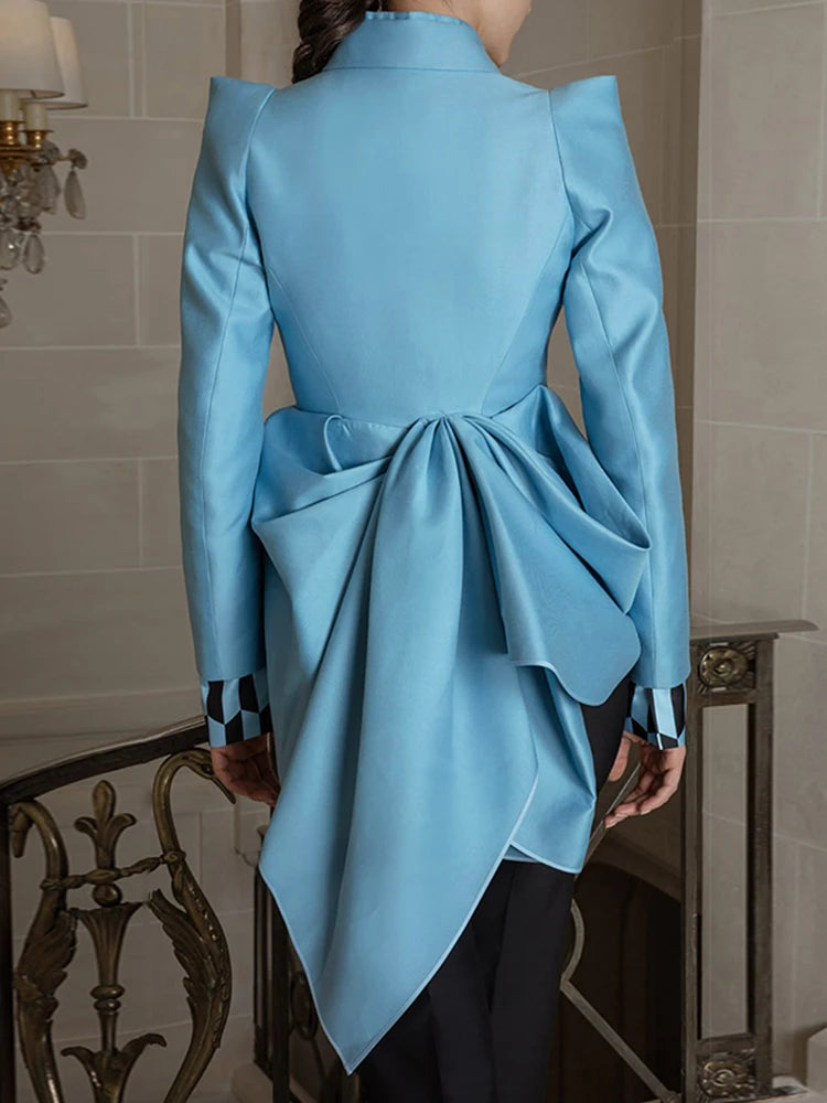 Irregular Blue Casual Jacket For Women Lapel Long Sleeve High Waist Solid Coat Female 2023 Autumn Fashion New Clothing New