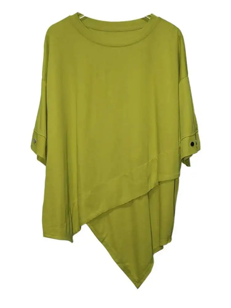 Women Black Irregular Hem Big Size Casual T-shirt New Round Neck Short Sleeve Fashion Tide Spring Summer 2025 1DJ0618