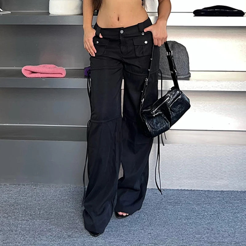 Harajuku Low Waist Black Cargo Trousers Women Pockets Drawstring Casual Shirring Sweatpants Grunge Pants Ribbon