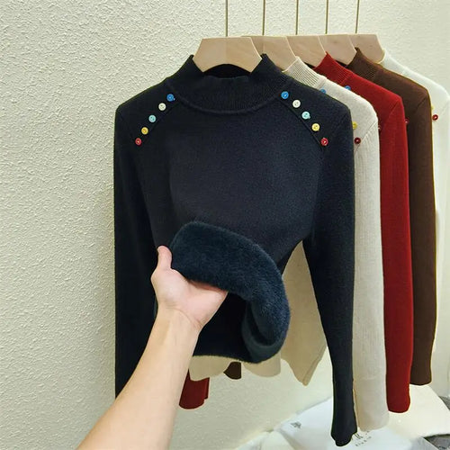 Load image into Gallery viewer, Autumn Winter Women Solid Colorful Button Velvet Sweater Korean Fashion Warm Knitwear Long Sleeve Festival Pullovers Tops Thick
